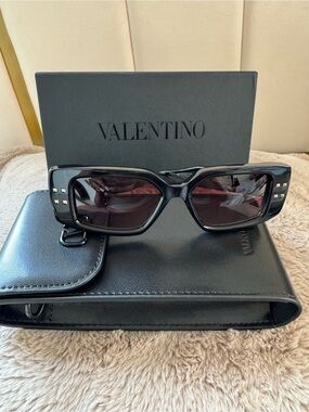 Valentino Garavani V-Cinque Black Rectangular Sunglasses with Gold Studs